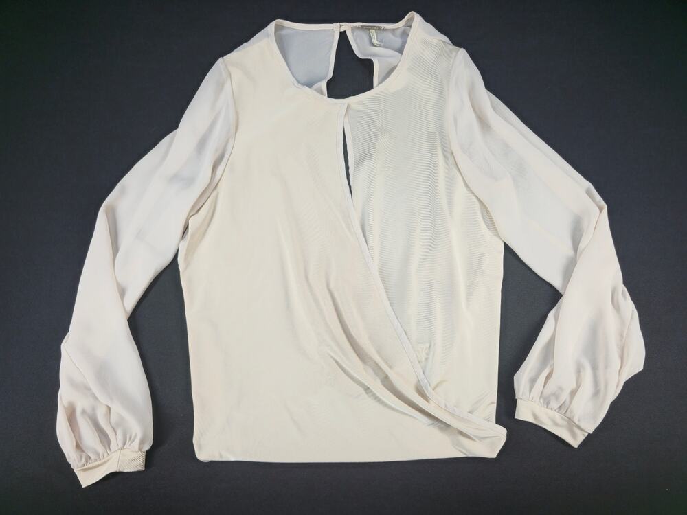 Gimmicks by BKE Womens XS Ivory Sheer Faux Wrap Blouse Keyhole Long Sleeve